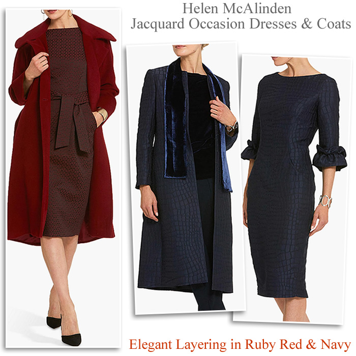 Helen McAlinden red and navy jacquard dresses and occasion coats