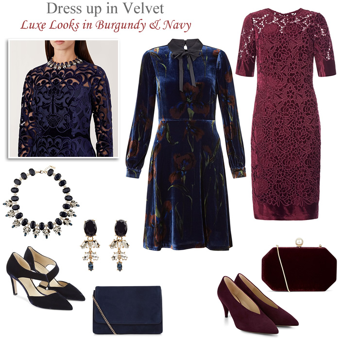 Hobbs winter wedding outfits velvet occasionwear burgundy navy party dresses