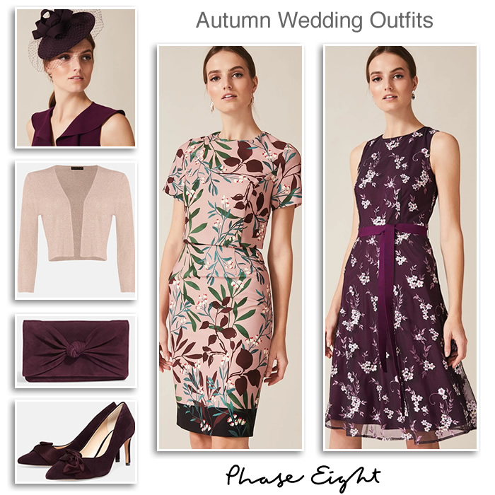 Phase Eight autumn winter wedding guest outfits in dark red and purple