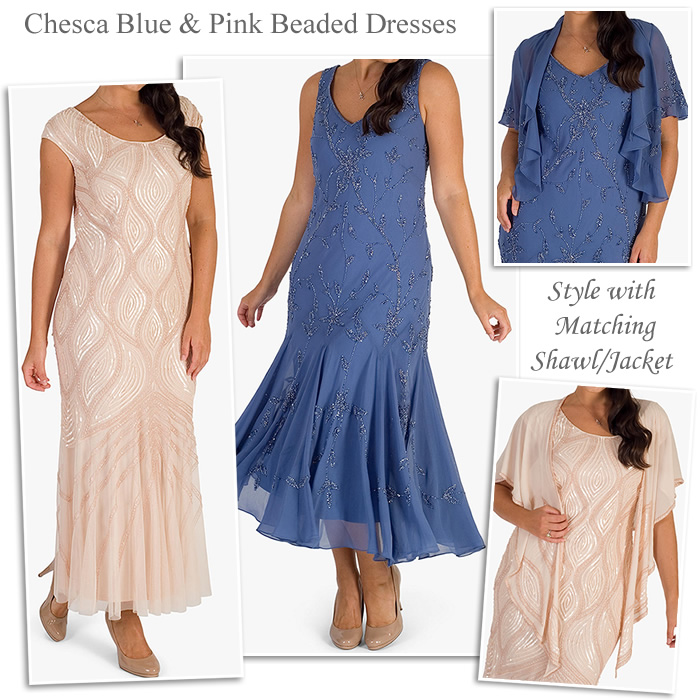 Chesca blue and pink beaded occasion dresses and matching shawl spring Mother of the Bride outfits