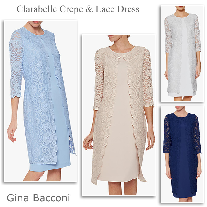 Gina Bacconi Clarabella crepe and lace dresses in pastel blue silver navy and rose pink