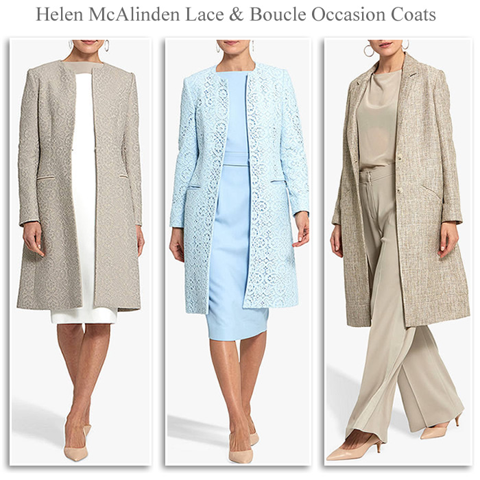 Helen McAlinden occasionwear blue mink gold lace and boucle coats matching occasion dresses trousers