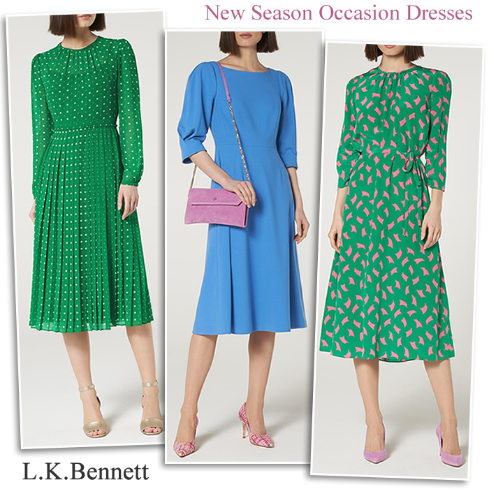 L.K. Bennett occasionwear midi dresses with sleeves high neck and flared skirts