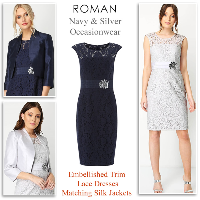Roman trendy Mother of the Bride navy silver dress and jacket wedding outfits