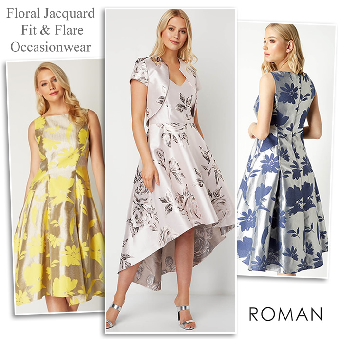 Roman floral jacquard fit and flare occasion dresses and bolero jackets