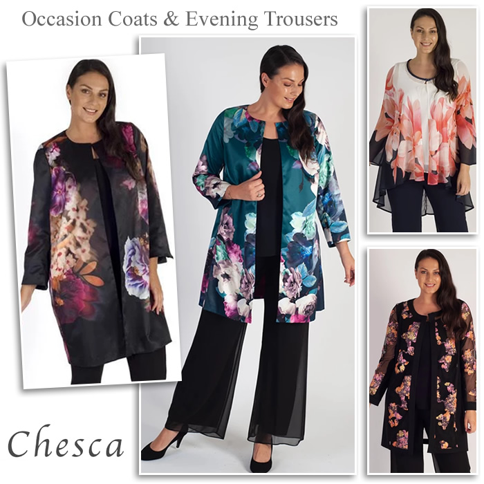 Chesca floral satin occasion coats jackets and wide leg evening trousers
