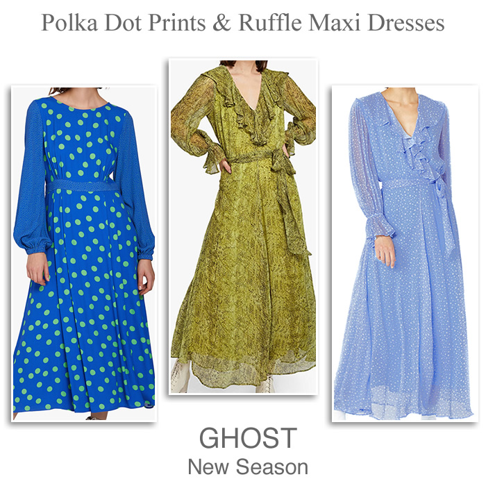 Ghost occasionwear polka dot print ruffle tie and wrap dresses