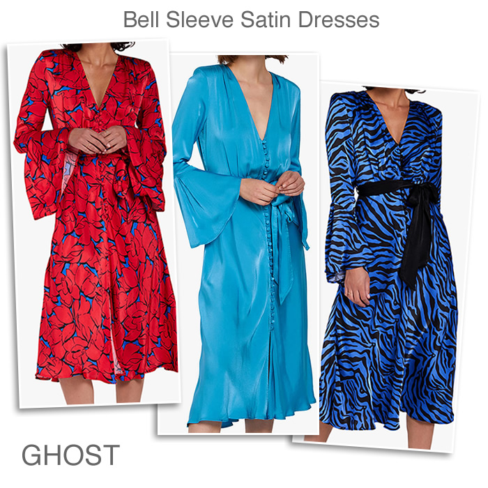 Ghost satin occasion dresses with long flared sleeves V neckline and tie belt