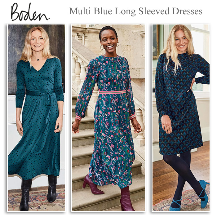 Boden occasionwear blue print dresses with sleeves and winter wedding outfits