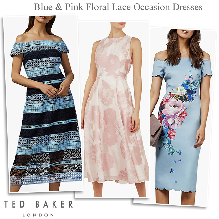 Ted Baker pink and blue floral lace bardot and flared occasion dresses