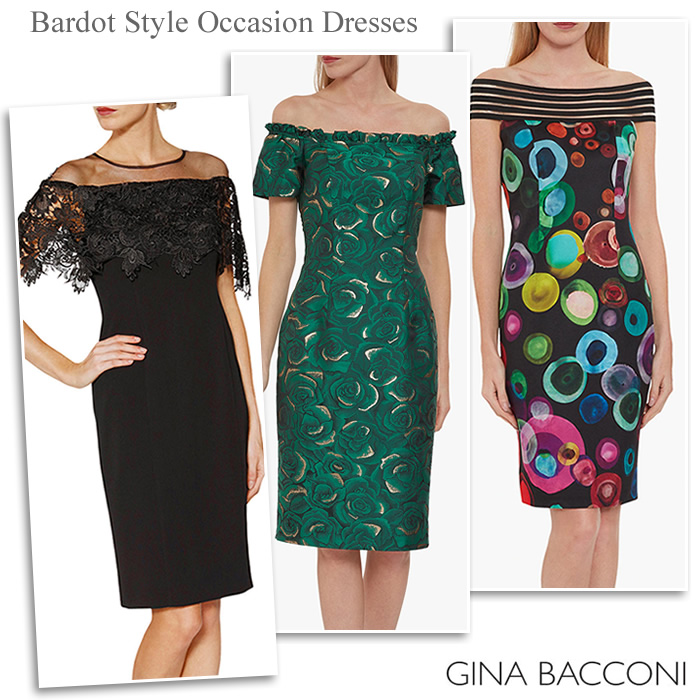 Gina Bacconi Bardot off the shoulder short evening dresses and occasionwear
