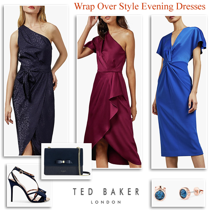 Ted Baker wrap over satin evening dresses and winter wedding outfits
