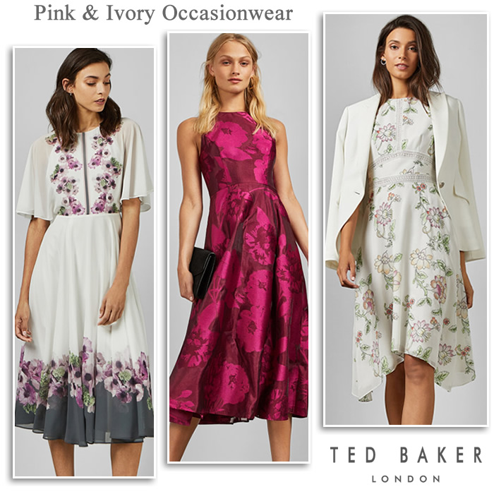 Ted Baker summer occasion outfits ivory and pink floral flared dresses