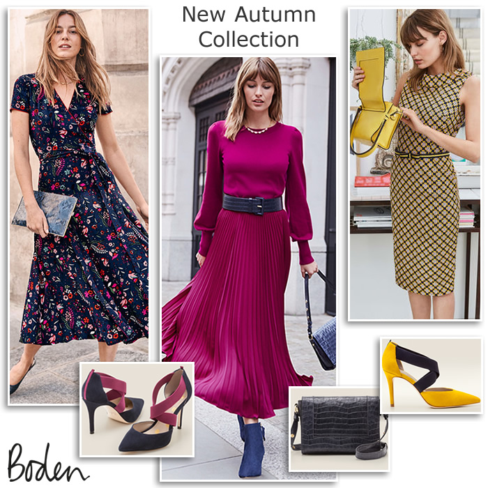 Boden occasion dresses and skirts autumn winter occasionwear in plum navy and yellow.