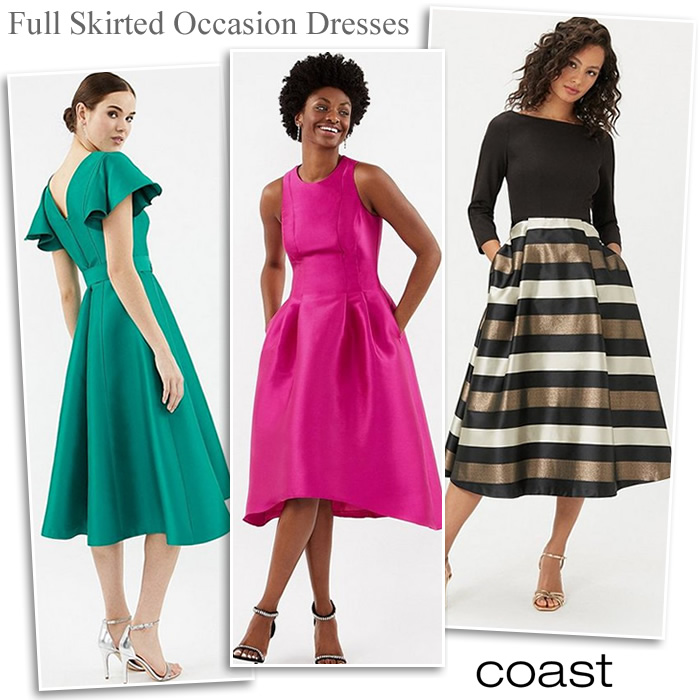 Coast full skirted occasion dresses and modern wedding outfits under £100