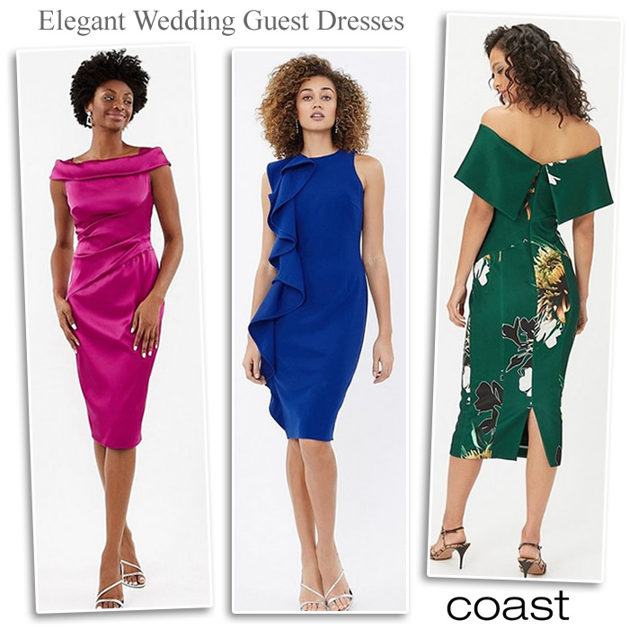 Coast wedding guest outfits pink green blue bardot off the shoulder satin dresses