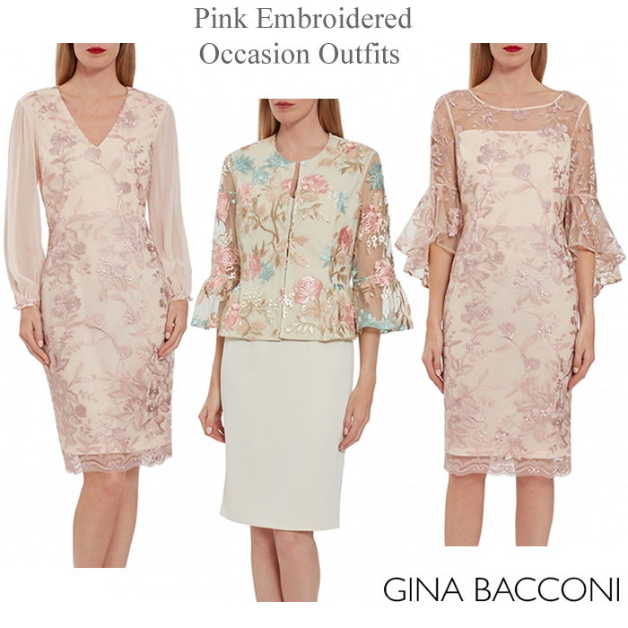 Gina Bacconi summer wedding outfits pink floral embroidered Mother of the Bride dresses and jackets