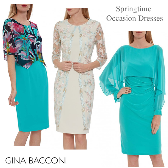 Gina Bacconi spring wedding outfits in pink turquoise ivory and sea green