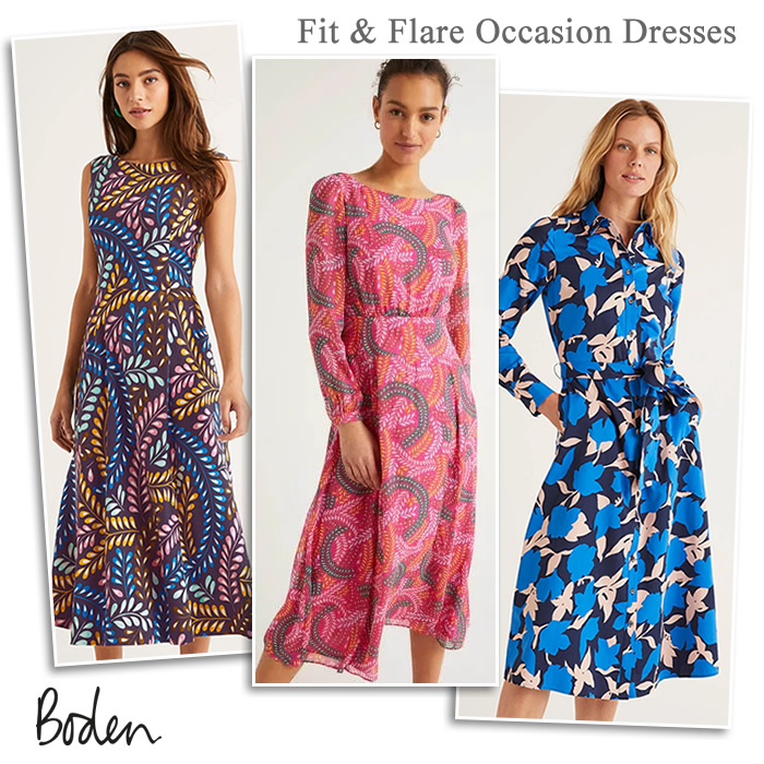 Boden Fit and Flare Floaty Printed Occasion Dresses with Sleeves