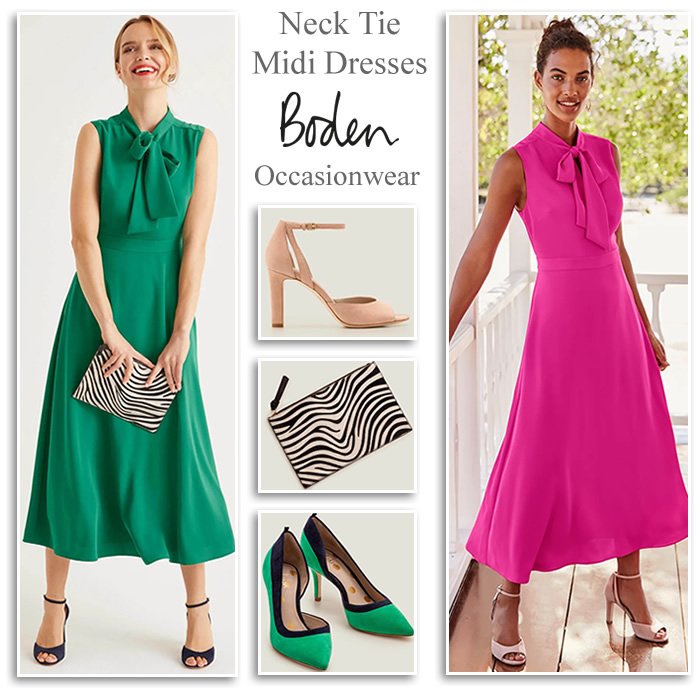 Boden Occasionwear Pink and Green Bow Tie Neck Midi Dresses Colourblock Shoes and Bags