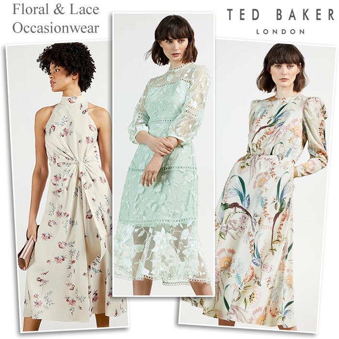 Ted Baker Floral Print and lace Occasion Dresses in Pink Green and Cream