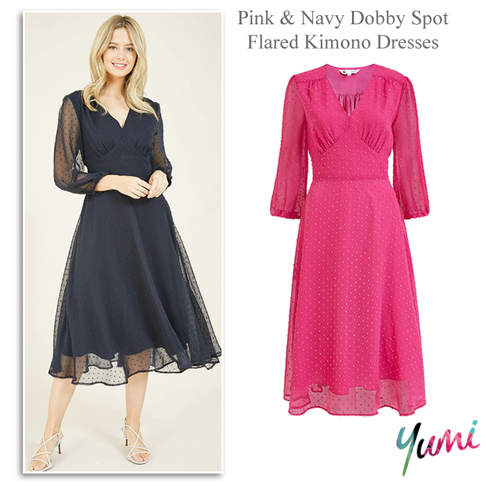 Yumi Occasionwear Flared Kimono Midi Dresses with Sheer Long Sleeves in Pink and Navy Spot Fabric