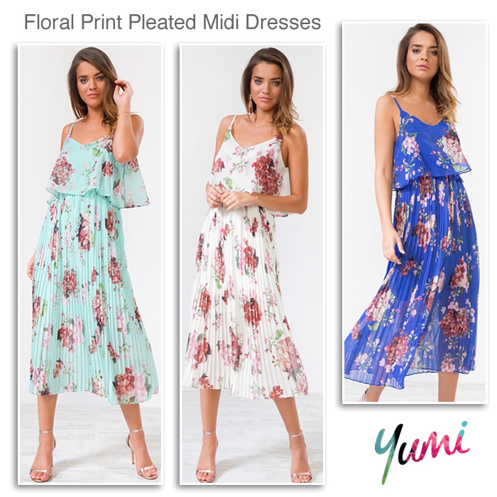 Yumi Summer Occasion Midi Dress Pink, Green, Blue Floral Dresses