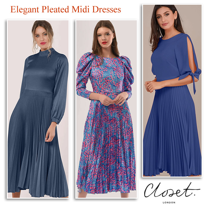 Closet London Occasionwear Midi Dresses with Pleated Skirt and Puff Sleeves