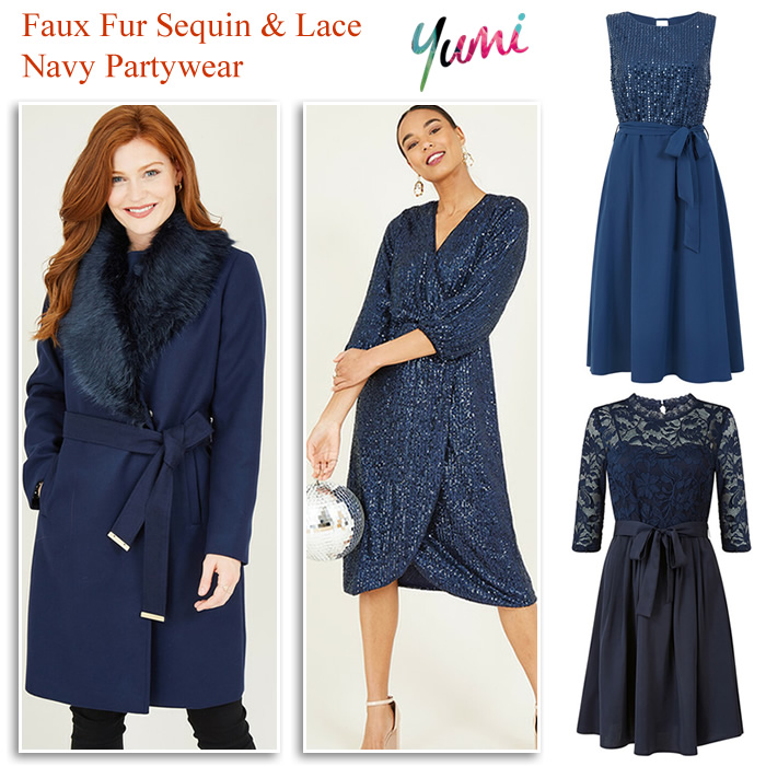 Yumi Navy Occasionwear Faux Fur Coats Sequin Dresses and Lace Partywear