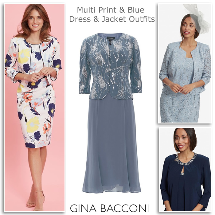 Gina Bacconi Multi print and blue dress and jacket outfits