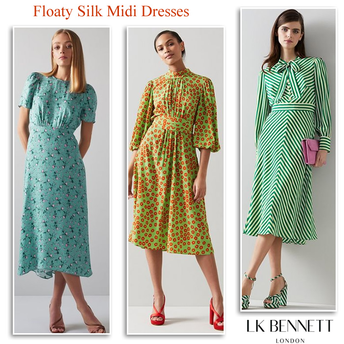 L.K. Bennett Fit and Flare Midi Silk Dresses | Wedding Guest Outfits
